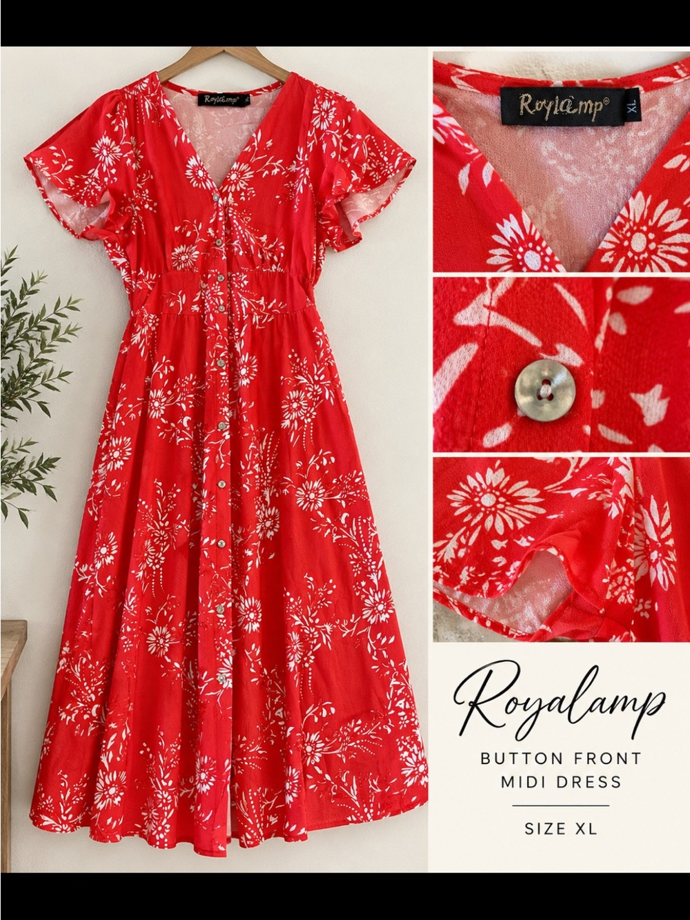 Red Orange Floral Button-Front Midi Dress